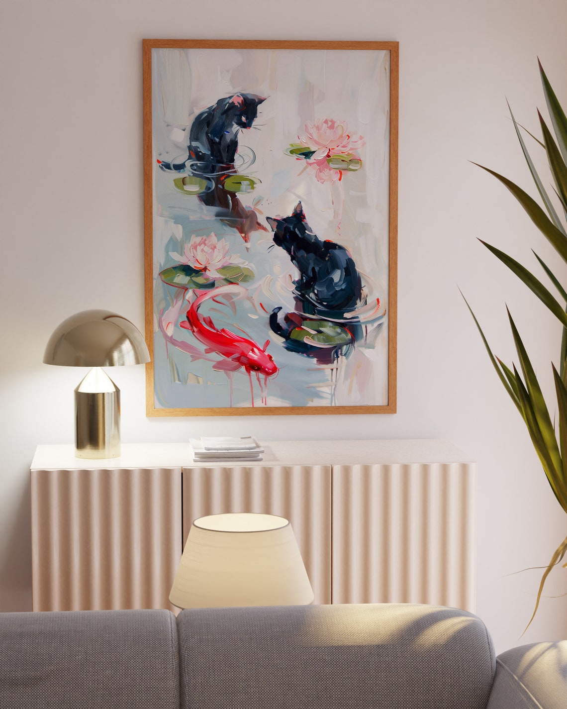 Two Black Cats And Koi In Monet Style Water Lily Pond Poster - Image 3