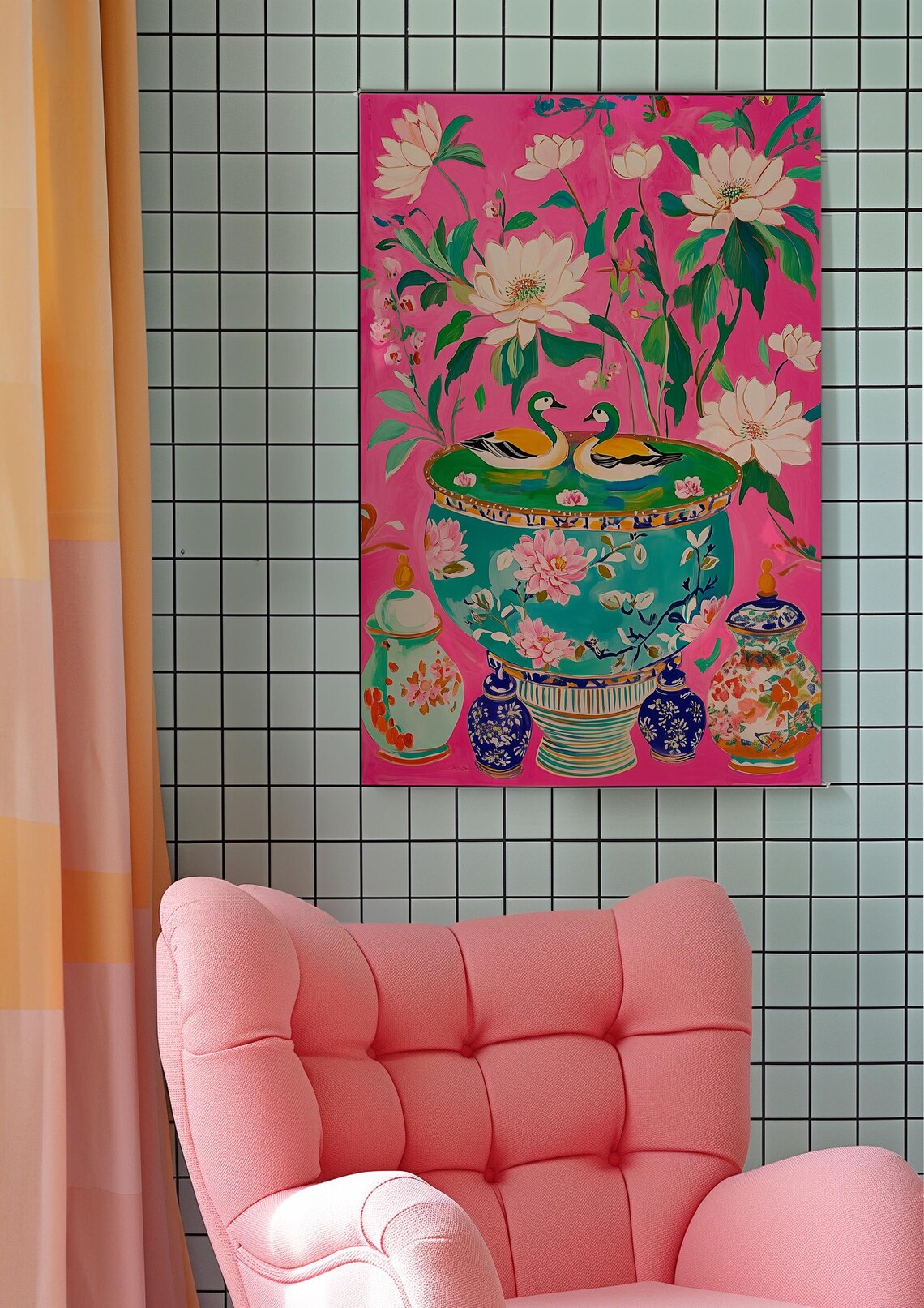 Floral Chinoiserie Ornamental Ducks Art Print