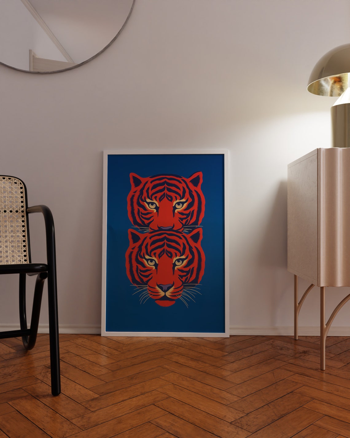 Mirrored Red Tiger Heads on Deep Blue Graphic Style Art Poster - Image 3