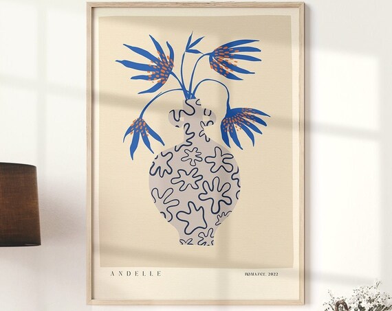 Blue Botanical Flower Print, Abstract Botanical Art