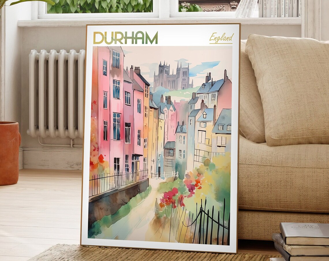 Durham England Pastel Watercolor Street Cathedral Travel Poster