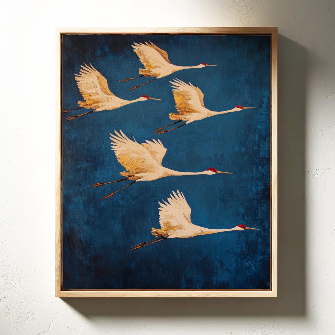 Five White Cranes In Flight On Teal Textured Asian Art Poster - Image 7