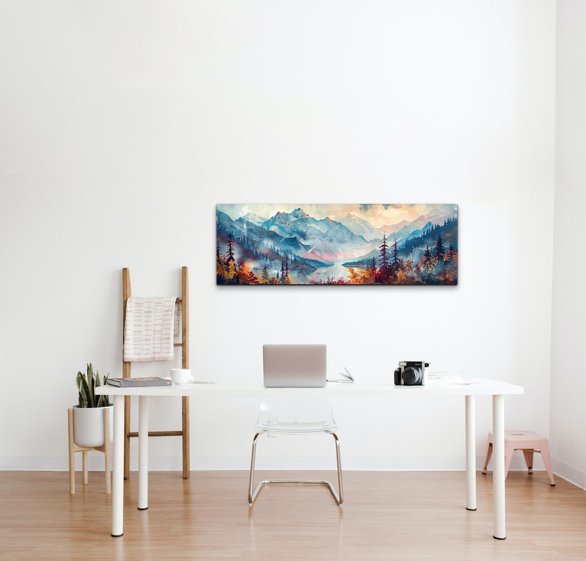 Alpine Lake Mountains Colorful Watercolor Autumn Pines Poster - Image 7