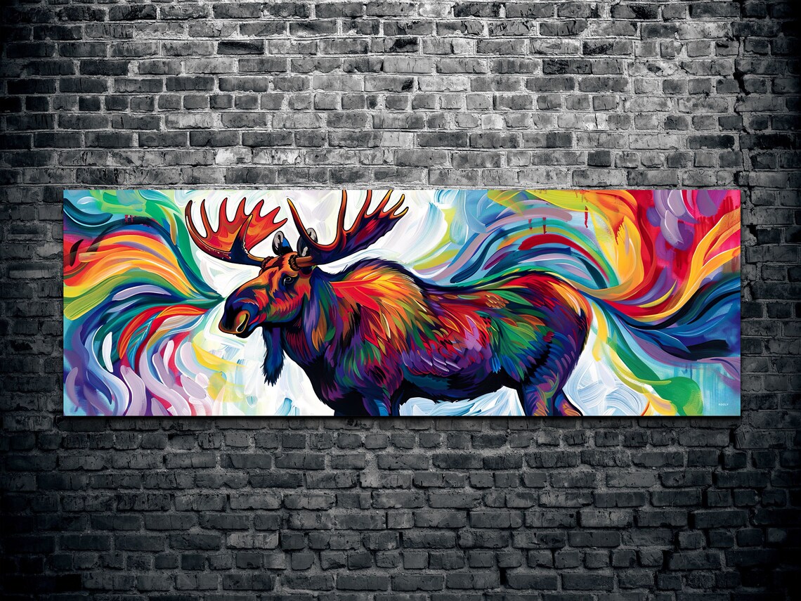 Abstract Rainbow Moose In Swirling Colorful Brushstroke Panoramic Poster - Image 2