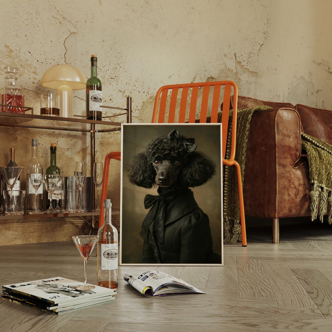 Victorian Black Poodle Lady in Elegant Dark Dress Portrait Poster