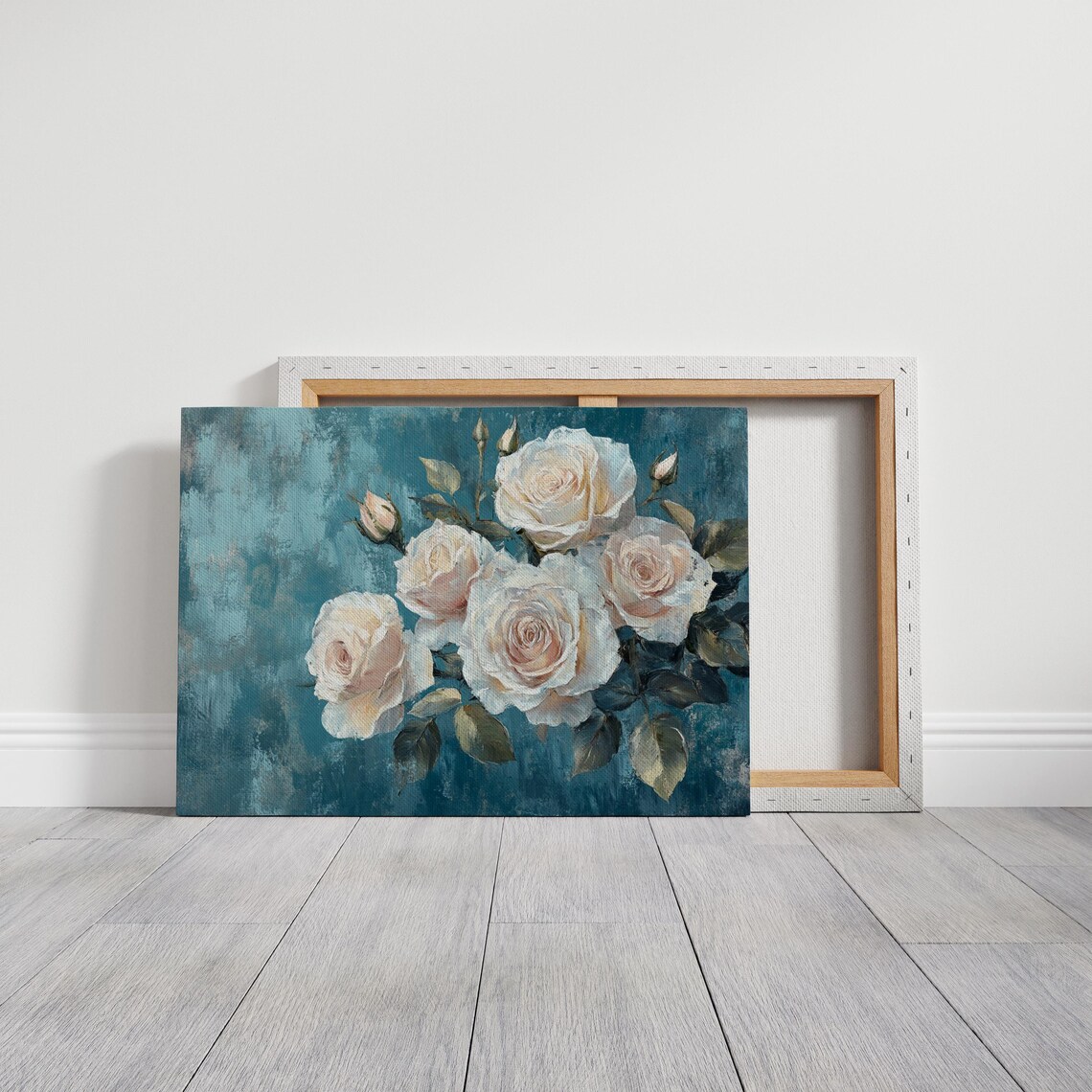 Elegant Cream Roses Teal Blue Vintage Floral Bouquet Wall Art - Image 3