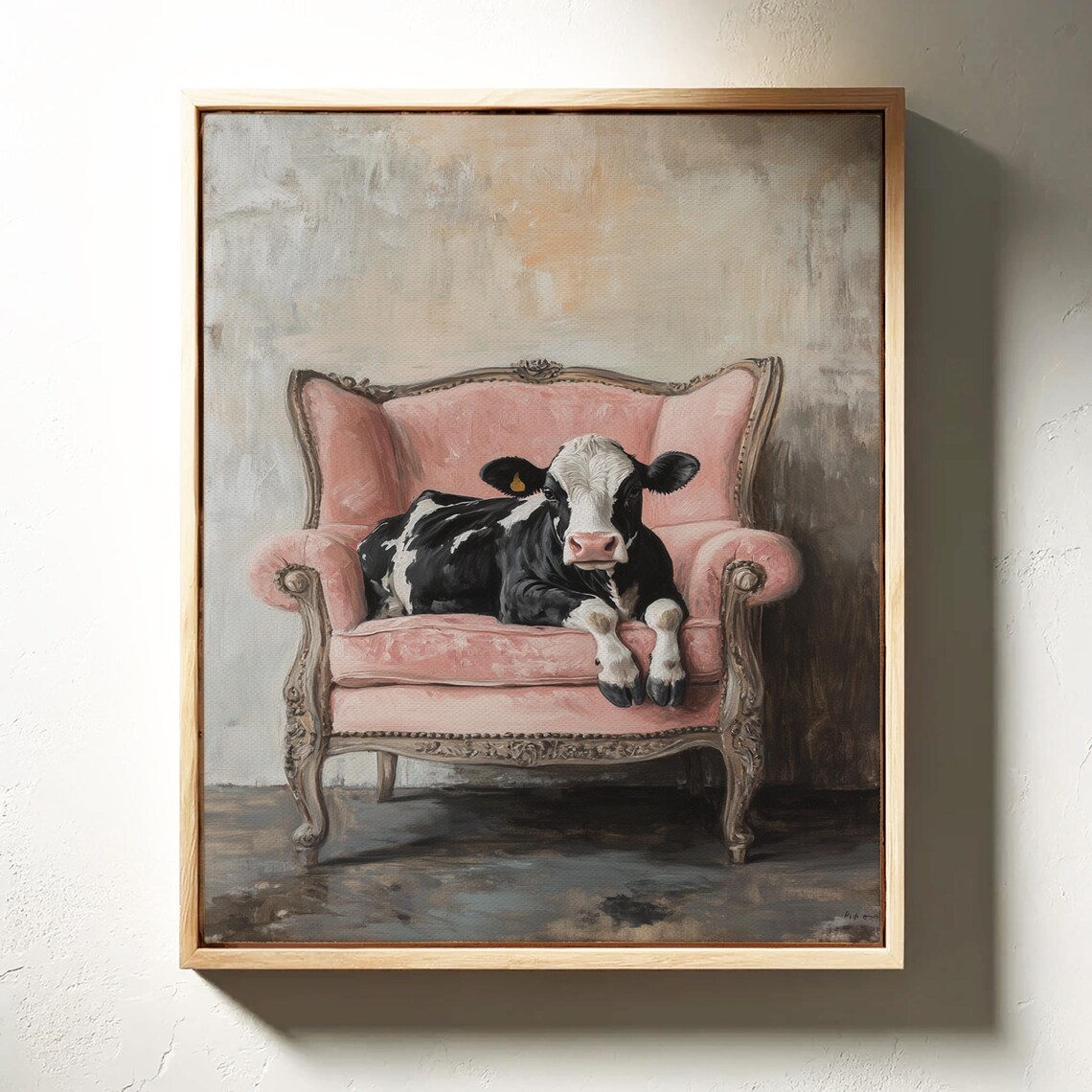 Baby Cow Calf Resting on Vintage Pink Armchair Whimsical Poster - Image 5