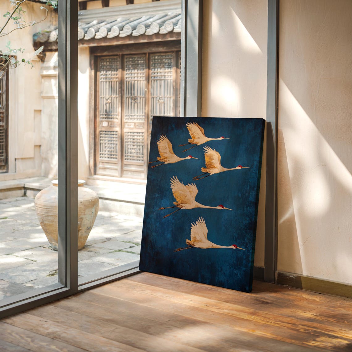 Five White Cranes In Flight On Teal Textured Asian Art Poster - Image 6
