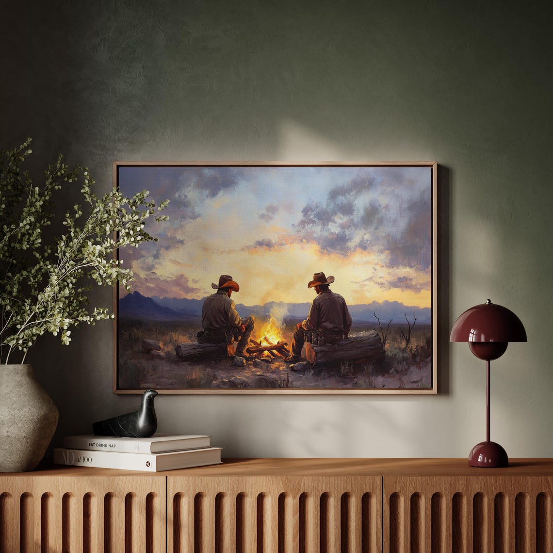 Cowboys Campfire Sunset Western Art Rustic Ranch Decor Wild West Painting Cowboy Wall Art Country Farmhouse Print - Image 4