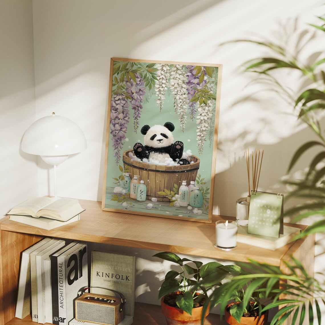 Panda Bubble Bath Under Wisteria Blooms Art Print