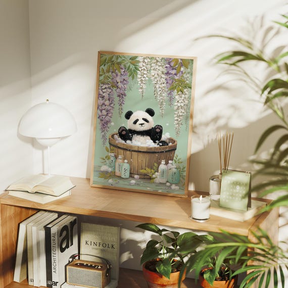 Panda Bubble Bath Under Wisteria Blooms Art Print