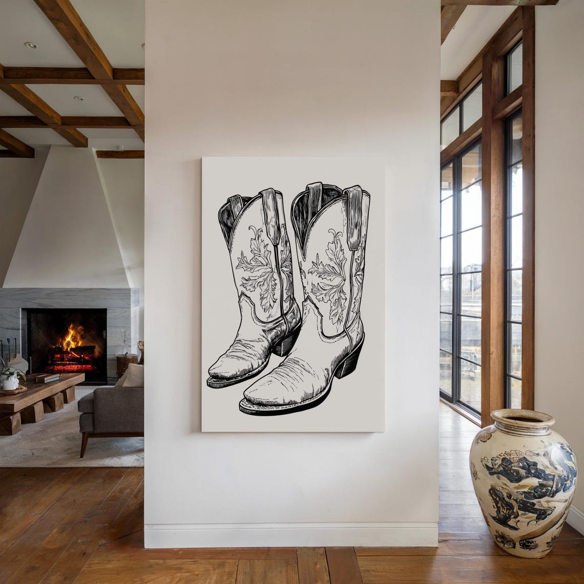 Floral Embroidered Cowboy Boots Ink Drawing Black and White Poster - Image 2