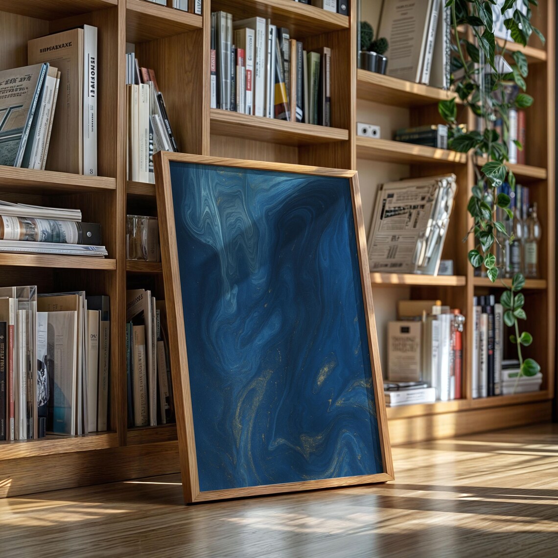 Navy Blue and Gold Marble Abstract Swirl Print with Gold Veins