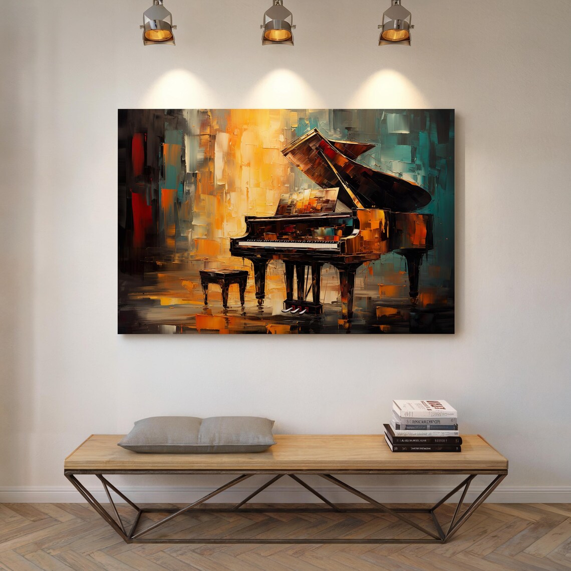 Grand Piano Abstract Oil Painting Gold Teal Music Room Poster - Image 5