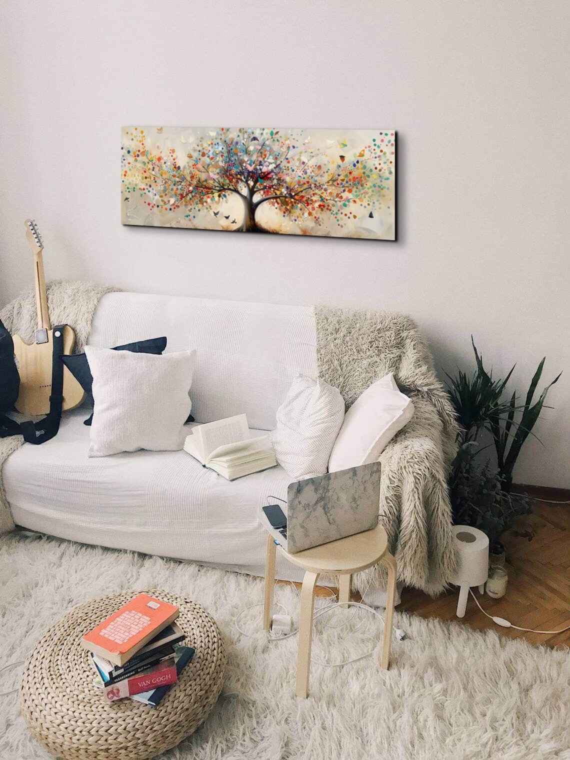 Colorful Tree of Life Confetti Leaves Birds Panoramic Art Poster - Image 6