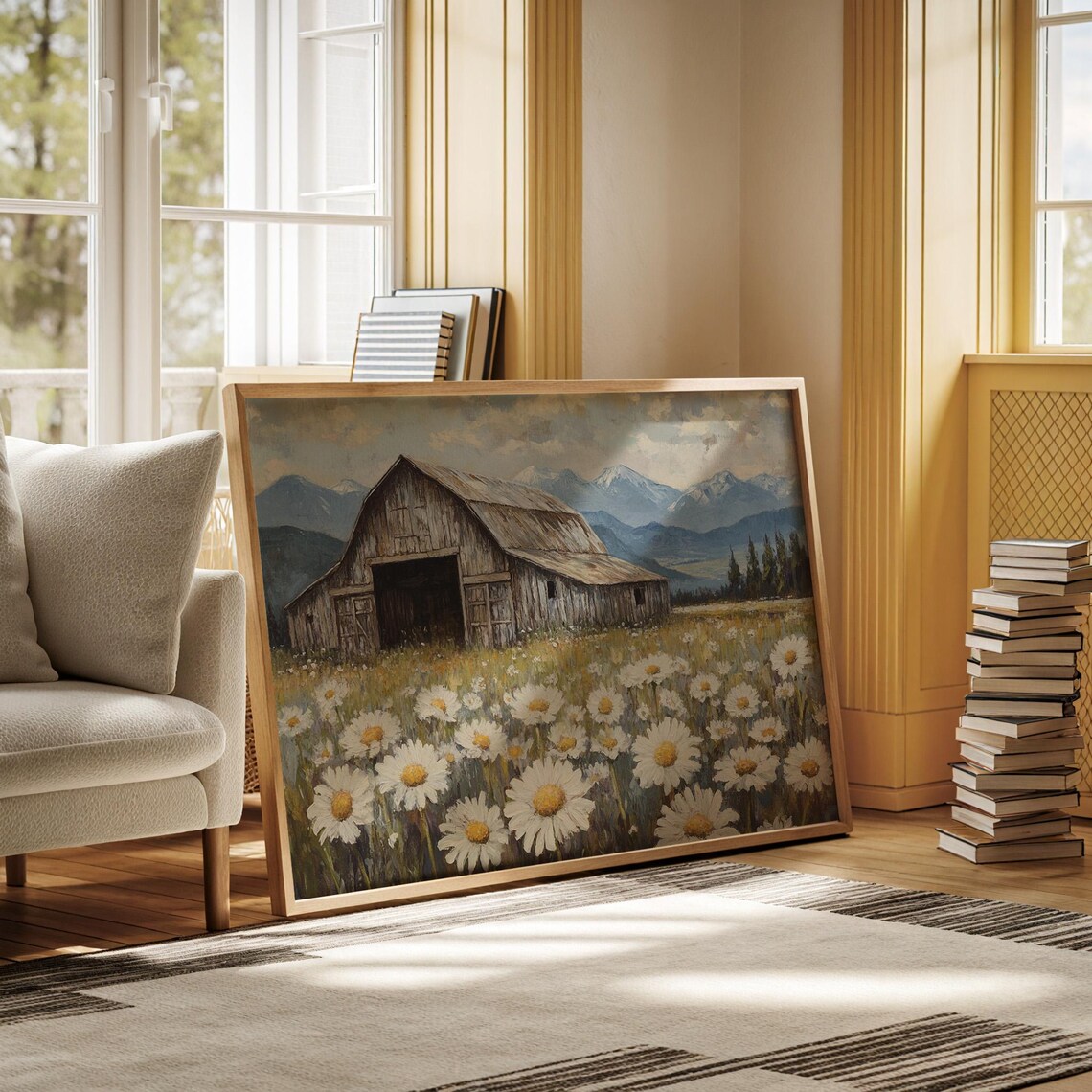 Rustic Barn With Daisies, Farmhouse Landscape Art Print - Image 6