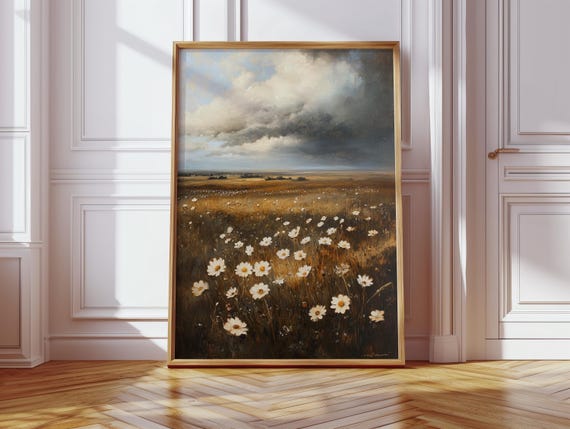 Golden Prairie Stormscape With Wild Daisies Moody Floral Field Canvas Wall Art For Rustic And Country Home Decor