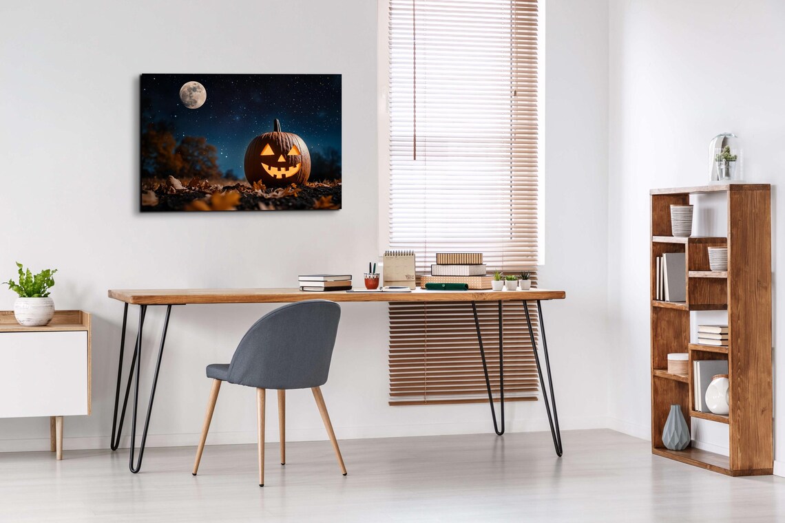 Jack O Lantern Glowing in Autumn Leaves Under a Starry Full Moon Sky Poster - Image 3