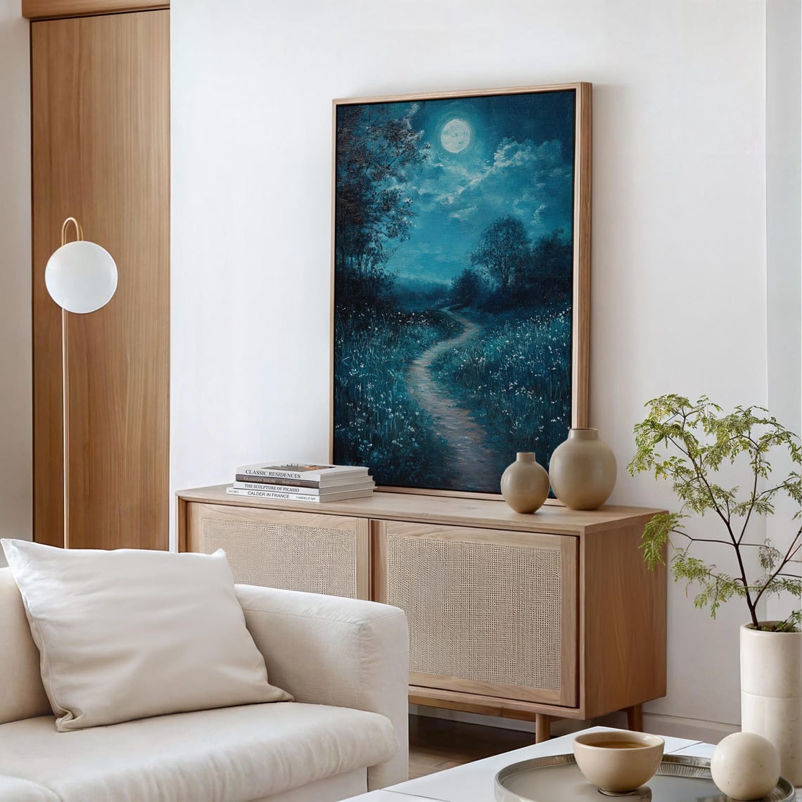 Moonlit Path Through Teal Night Forest Tranquil Landscape Art Poster - Image 4