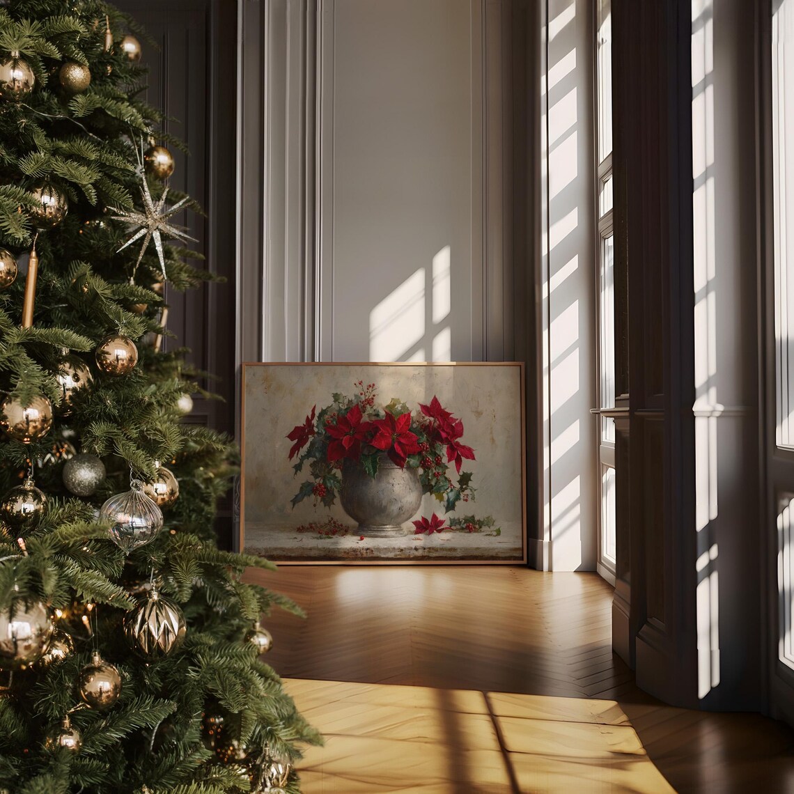 Christmas Poinsettia Bouquet in Silver Vase Poster
