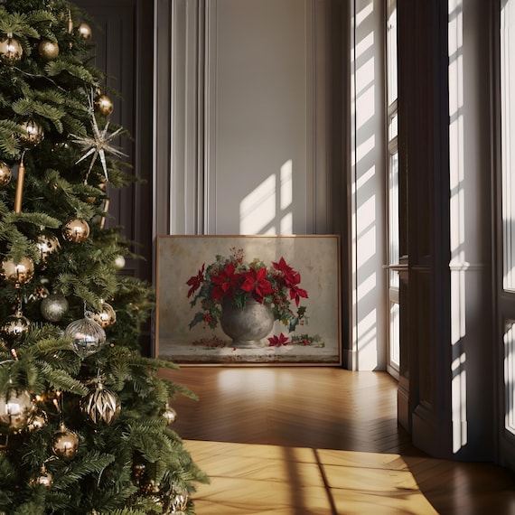 Christmas Poinsettia Bouquet in Silver Vase Poster