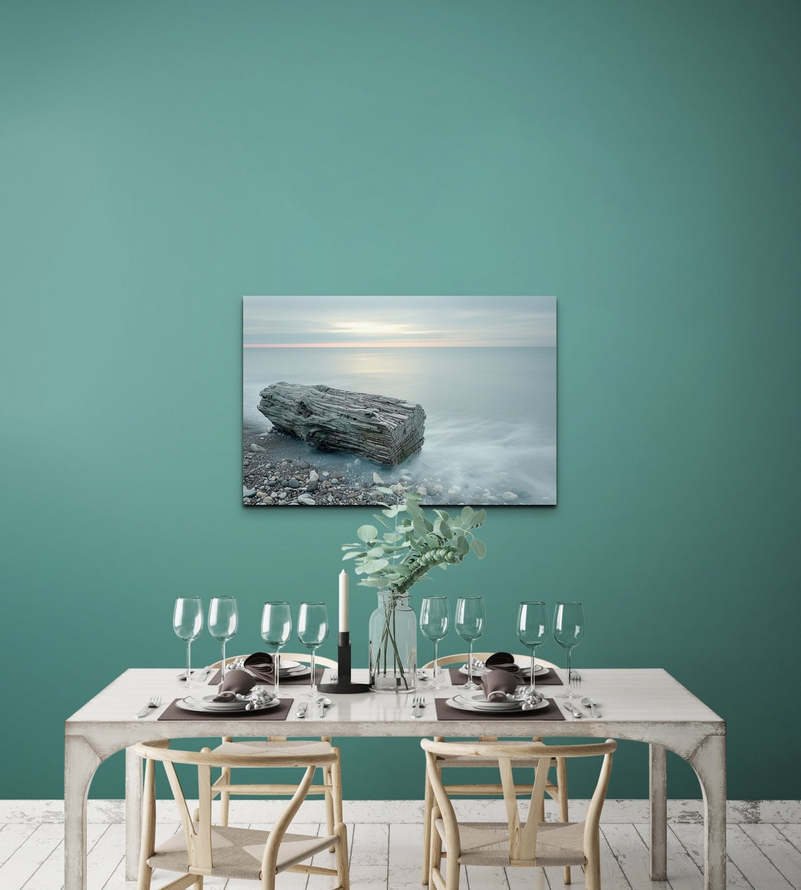 Weathered Driftwood Log On Rocky Shore Misty Ocean Sunrise Wall Art - Image 6