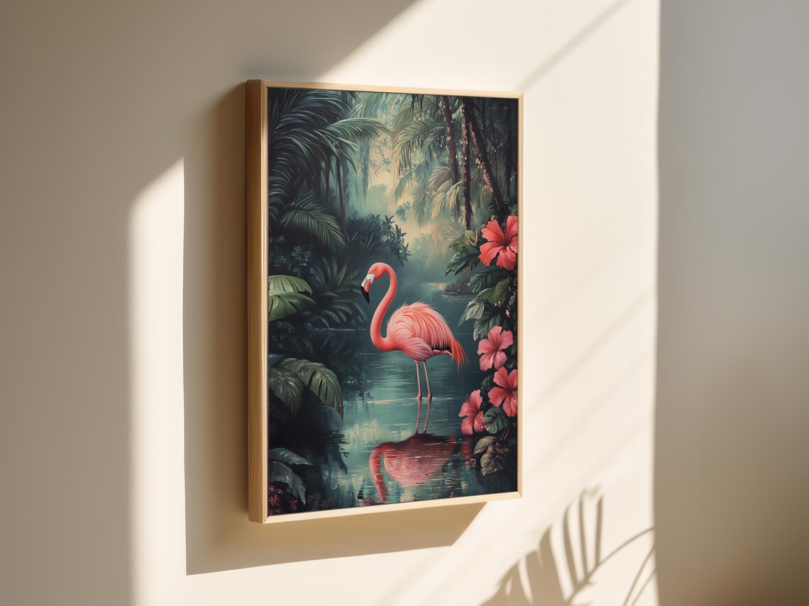 Elegant Flamingo Standing In Jungle Water Reflection Hibiscus Poster - Image 3