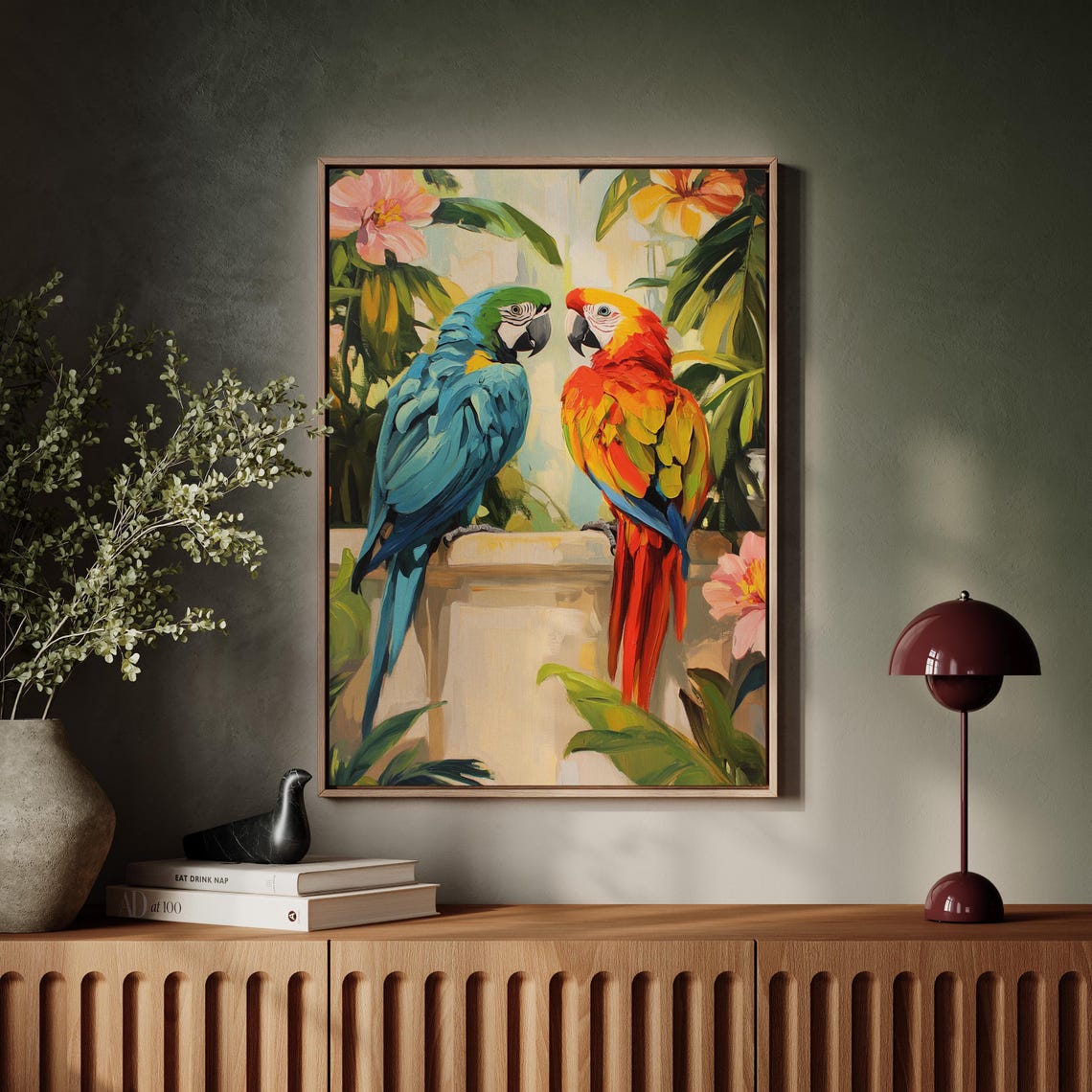 Colorful Blue and Scarlet Macaw Pair in Tropical Foliage Poster - Image 7