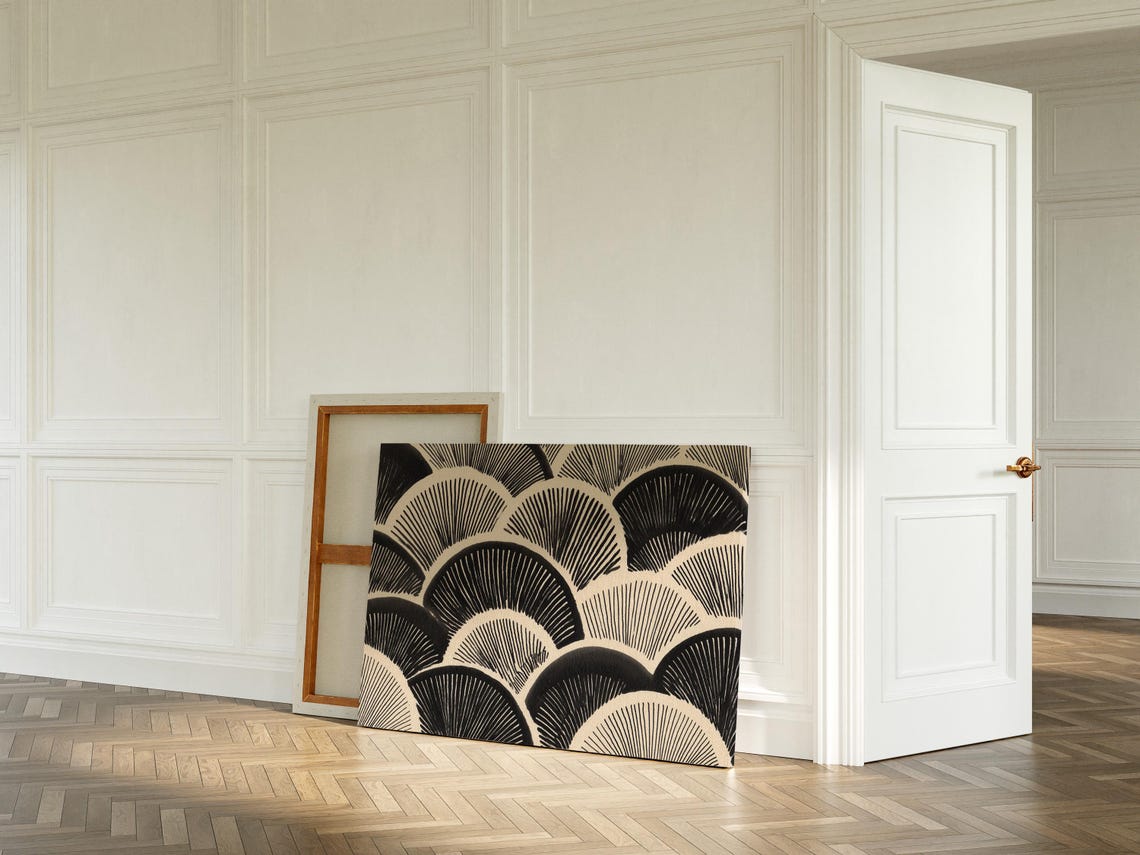Black and Ivory Art Deco Scallop Fan Geometric Canvas Poster