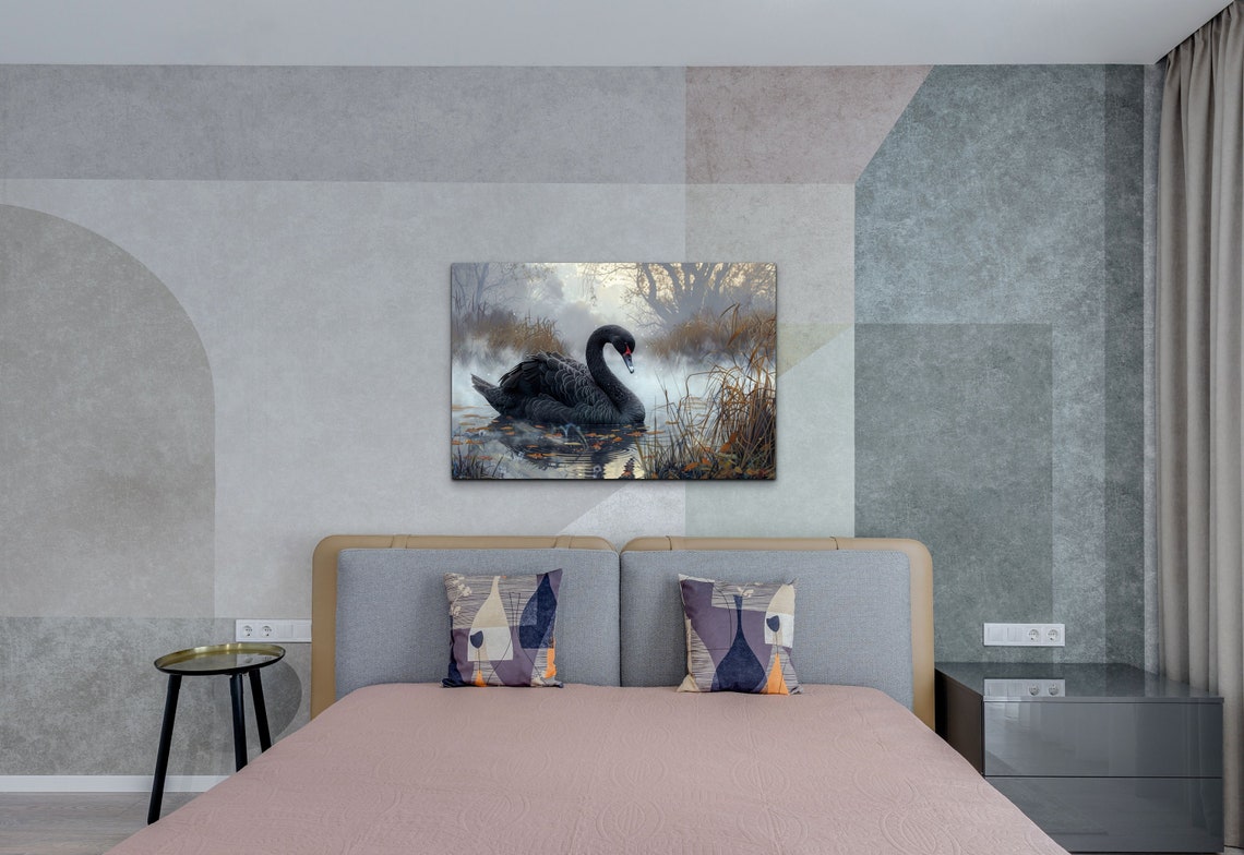 Black Swan in Misty Reeds on Autumn Lake Wildlife Art Poster - Image 3