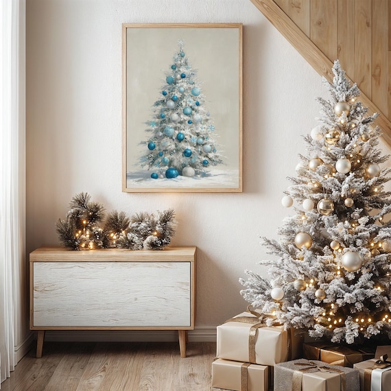 White Christmas Tree With Blue and Silver Ornaments Winter Poster