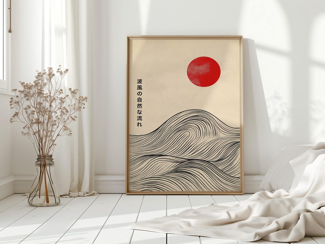 Red Sun Over Flowing Line Waves Japanese Minimalist Zen Poster - Image 5