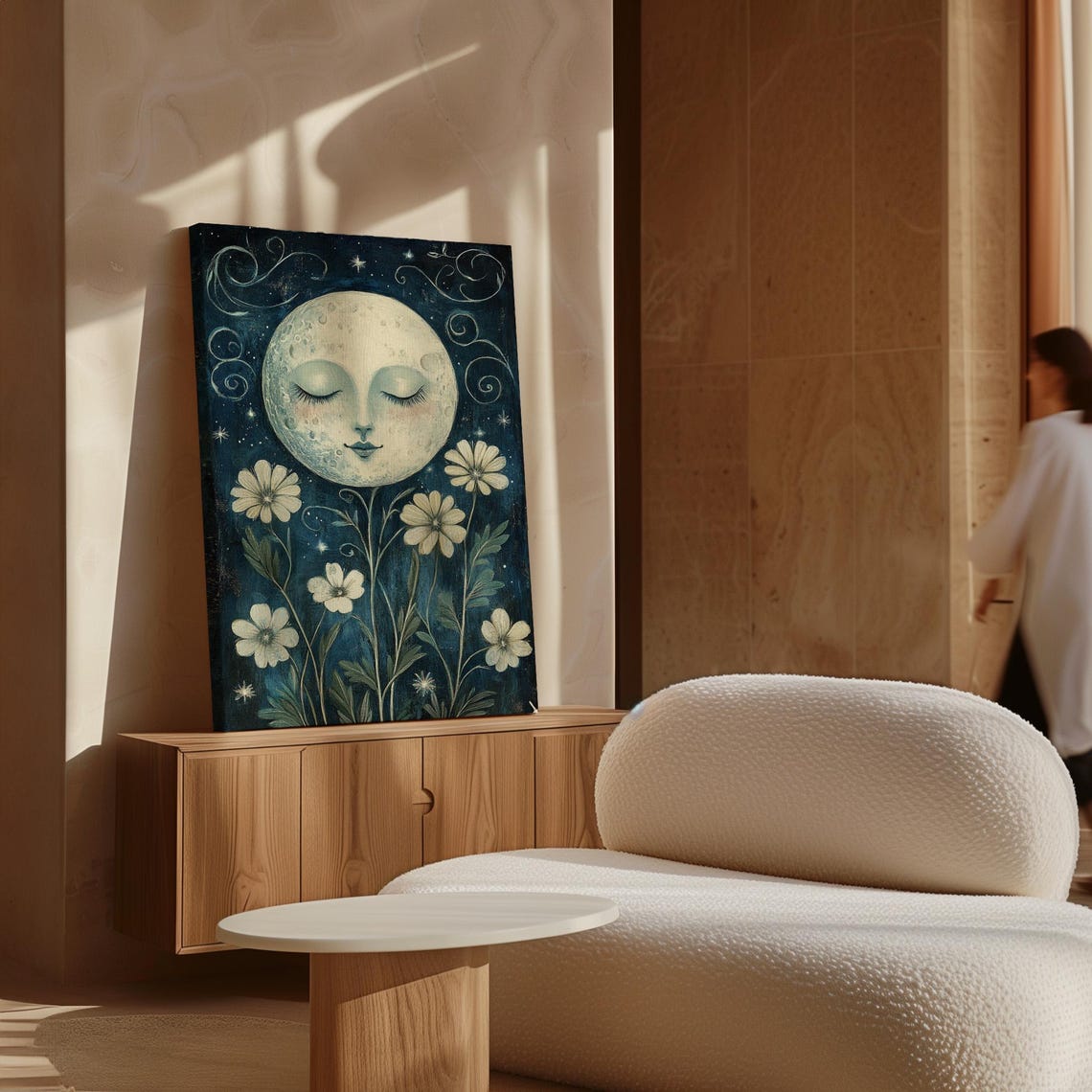 Smiling Sleeping Moon Over Wildflowers Starry Night Folk Art Poster - Image 6