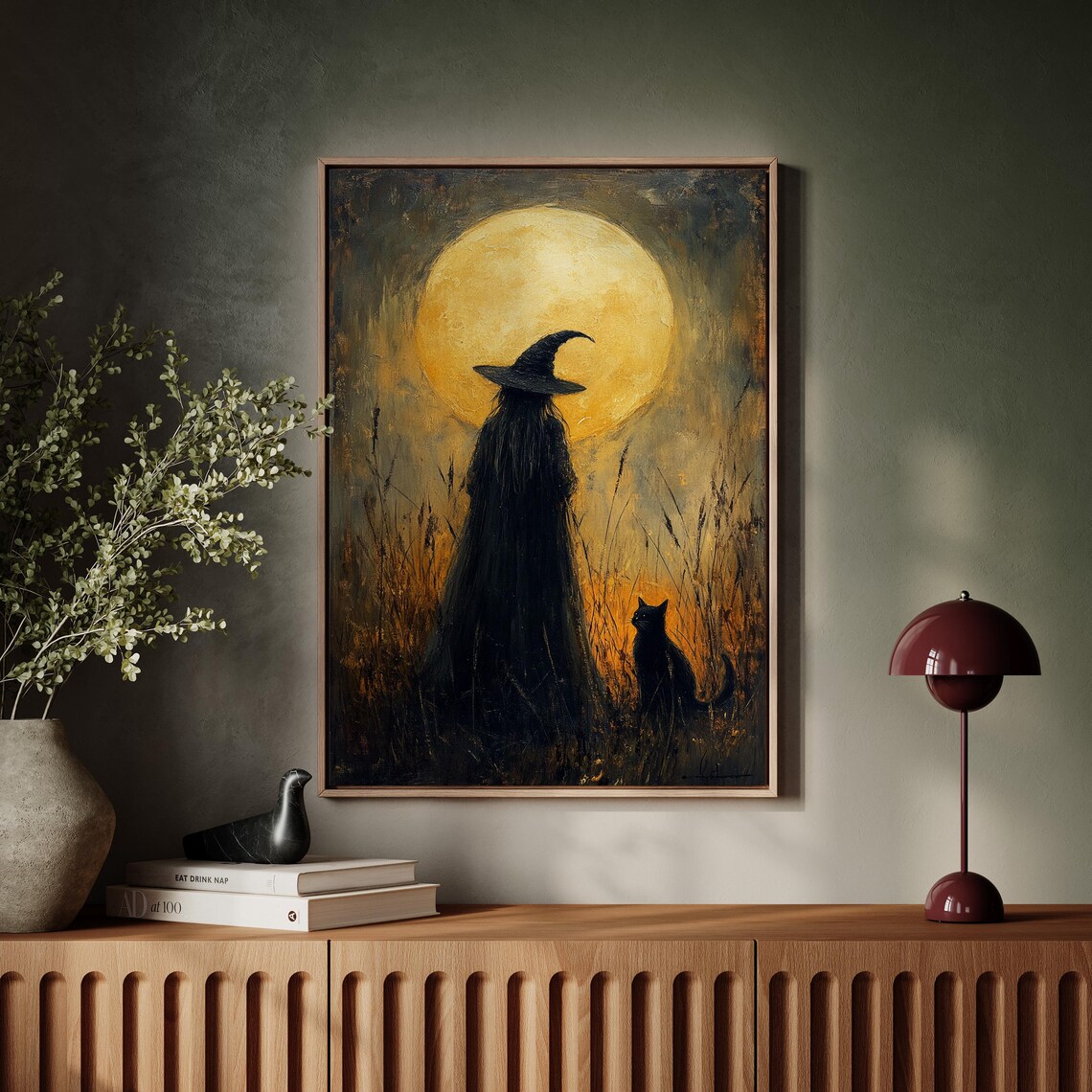 Full Moon Witch And Black Cat, Halloween Art Print