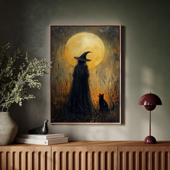 Full Moon Witch And Black Cat, Halloween Art Print