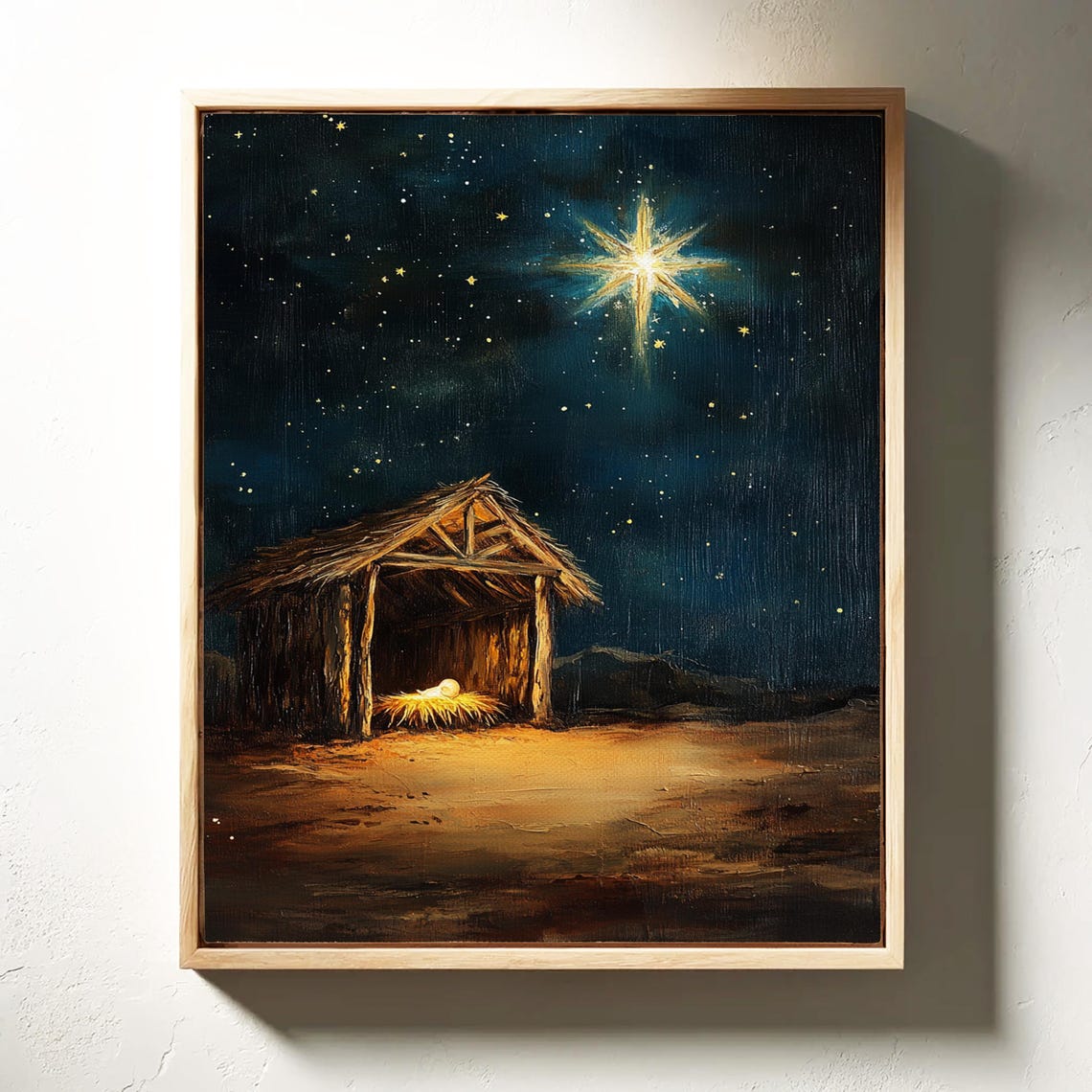 Baby Jesus In Manger At Nativity Stable Under Bright Star Night Poster - Image 4