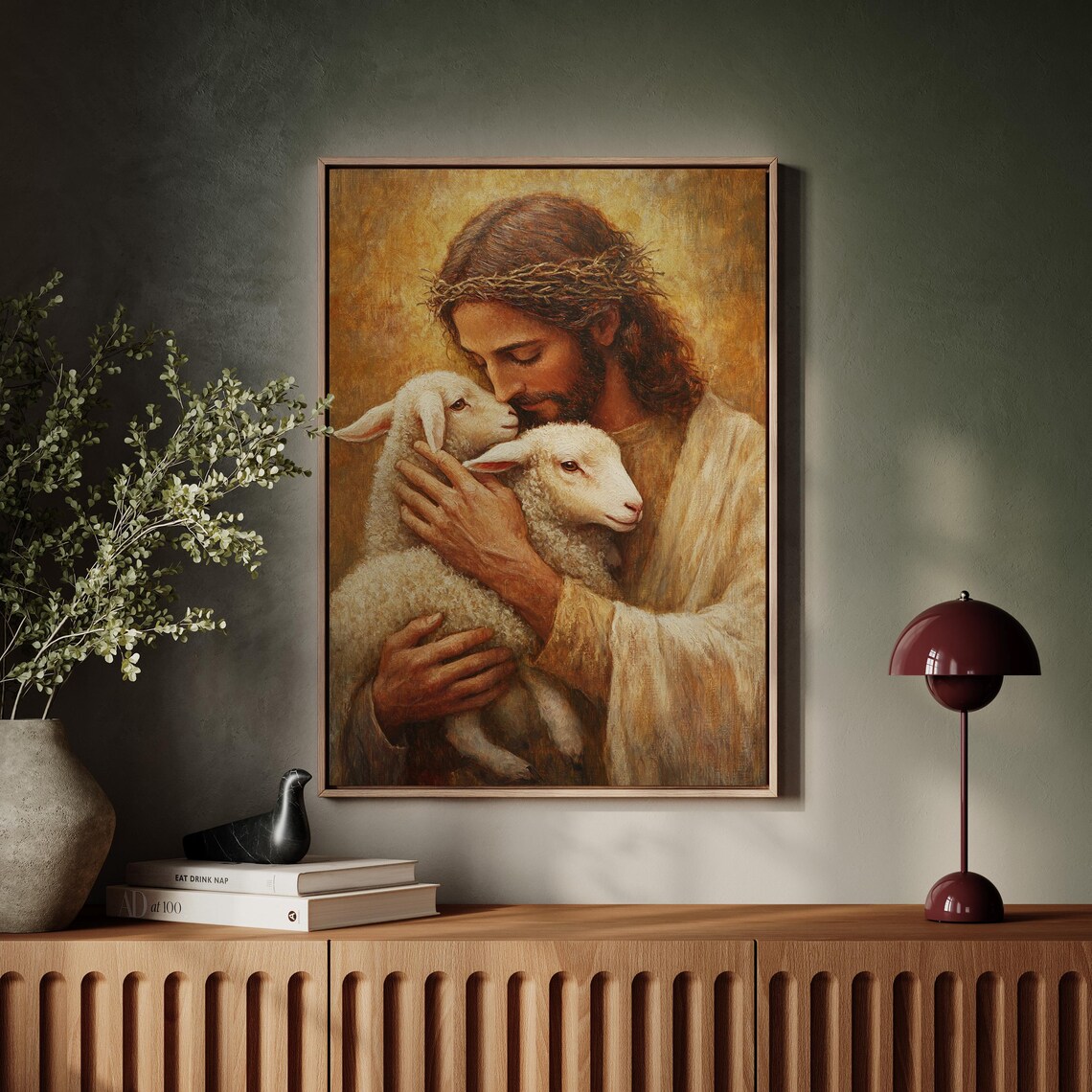 Jesus Holding Two Lambs Crown of Thorns Tender Embrace Poster - Image 4