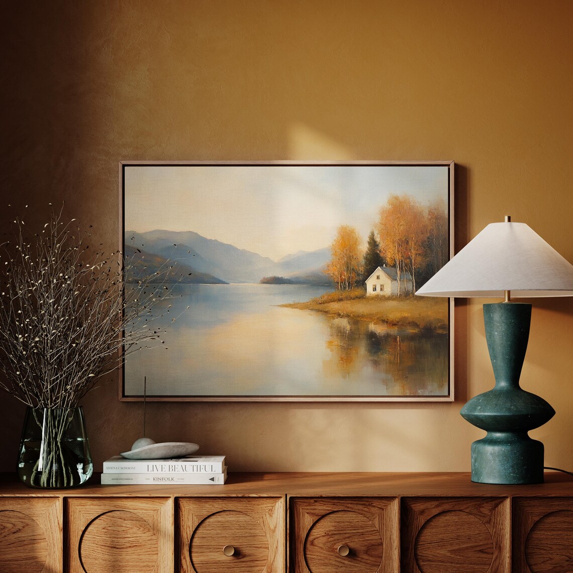 Lakeside Autumn Cabin Cozy Mountain Retreat Fall Landscape Painting Scenic Poster