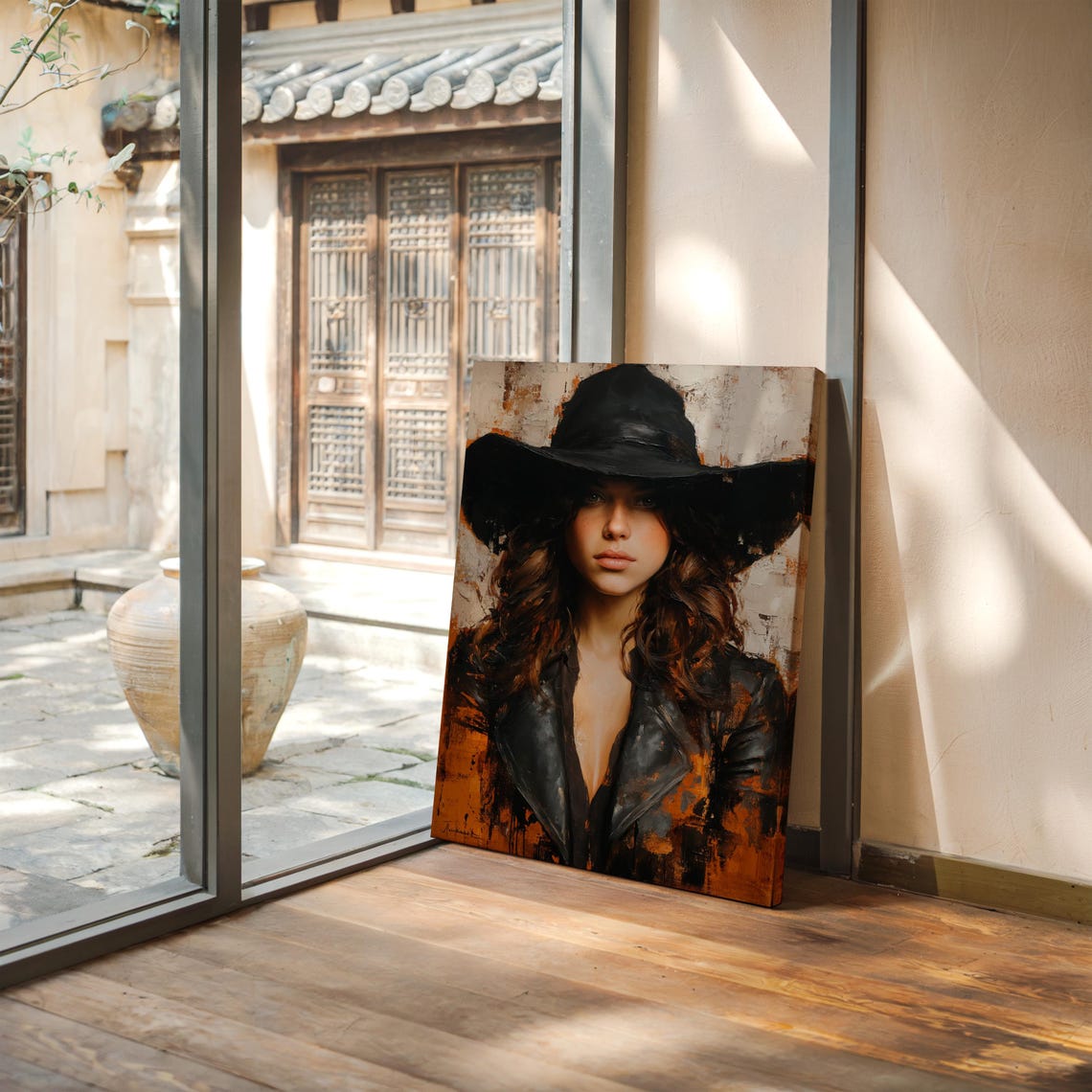 Bold Cowgirl Portrait Black Leather Jacket Wide Brim Hat Canvas Poster