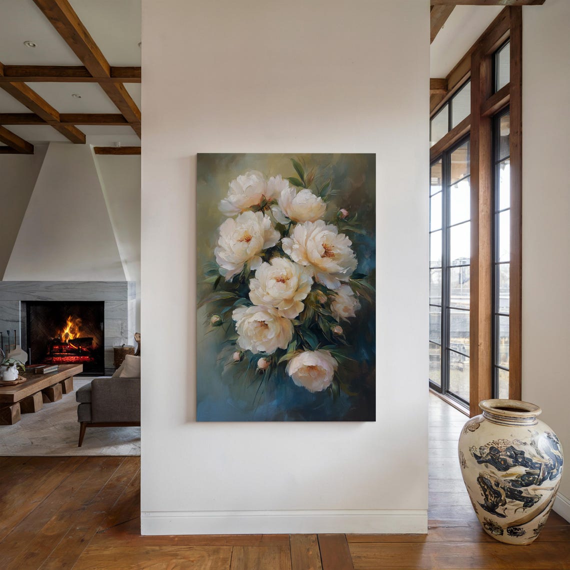 Cream White Peony Bouquet Oil Painting on Teal Floral Poster - Image 5