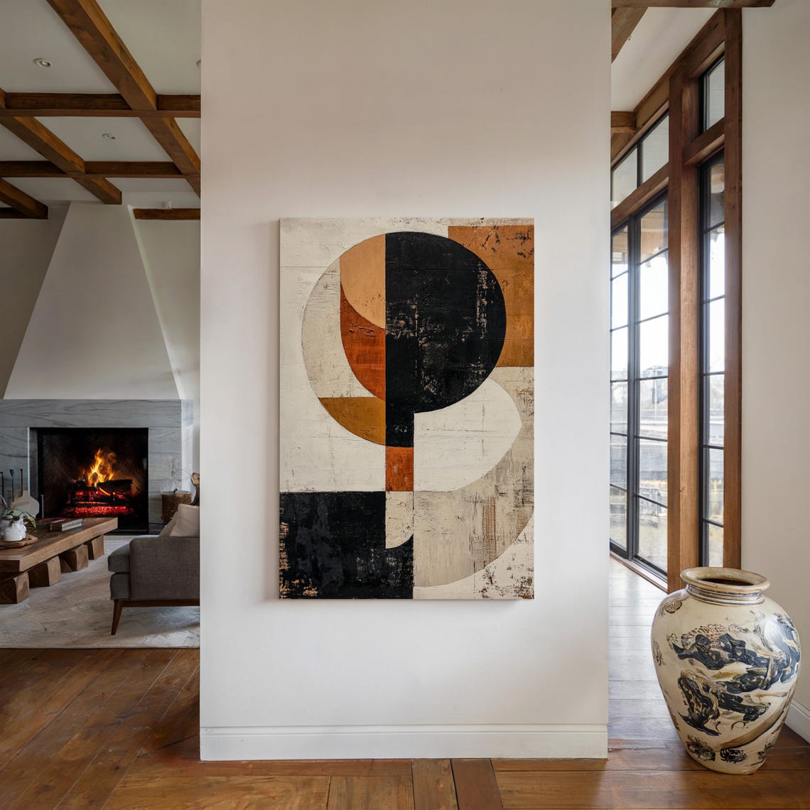 Modern Geometric Abstract Bold Black White Earthy Tones Minimalist Contemporary Wall Art For Home Office Decor - Image 4