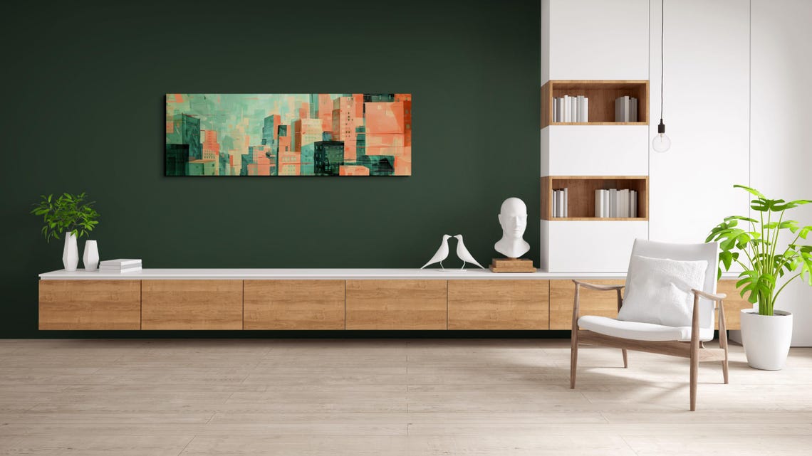 Abstract Coral and Teal City Skyline Geometric Modern Art Poster - Image 5