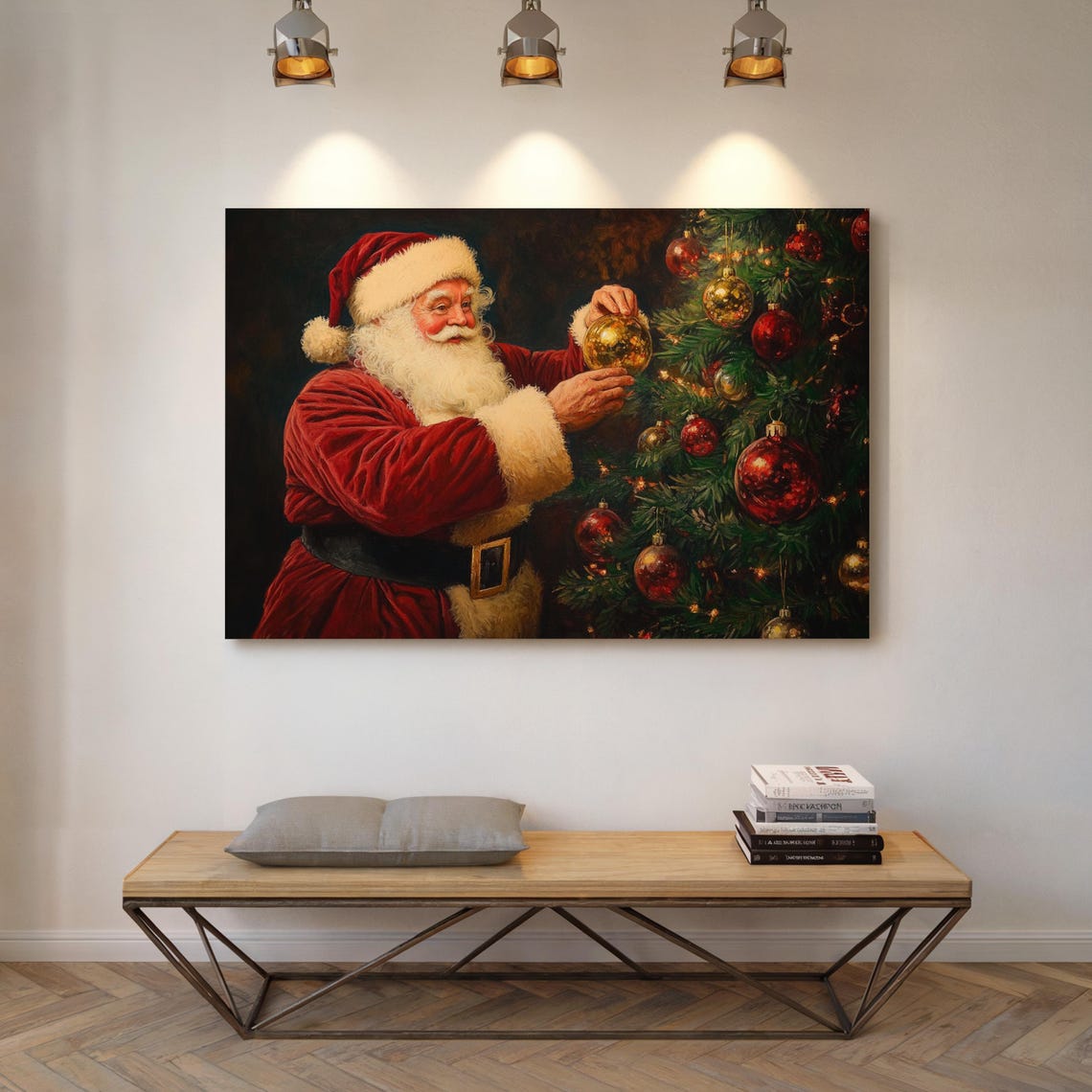 Santa Claus Hanging Gold Ornament on Christmas Tree Vintage Poster - Image 7