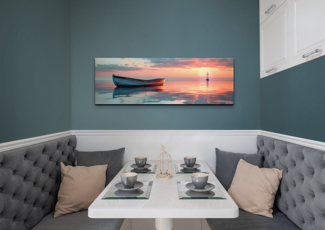Rowboat Floating on Mirror Calm Sea at Pink Sunset Panoramic Poster - Image 5