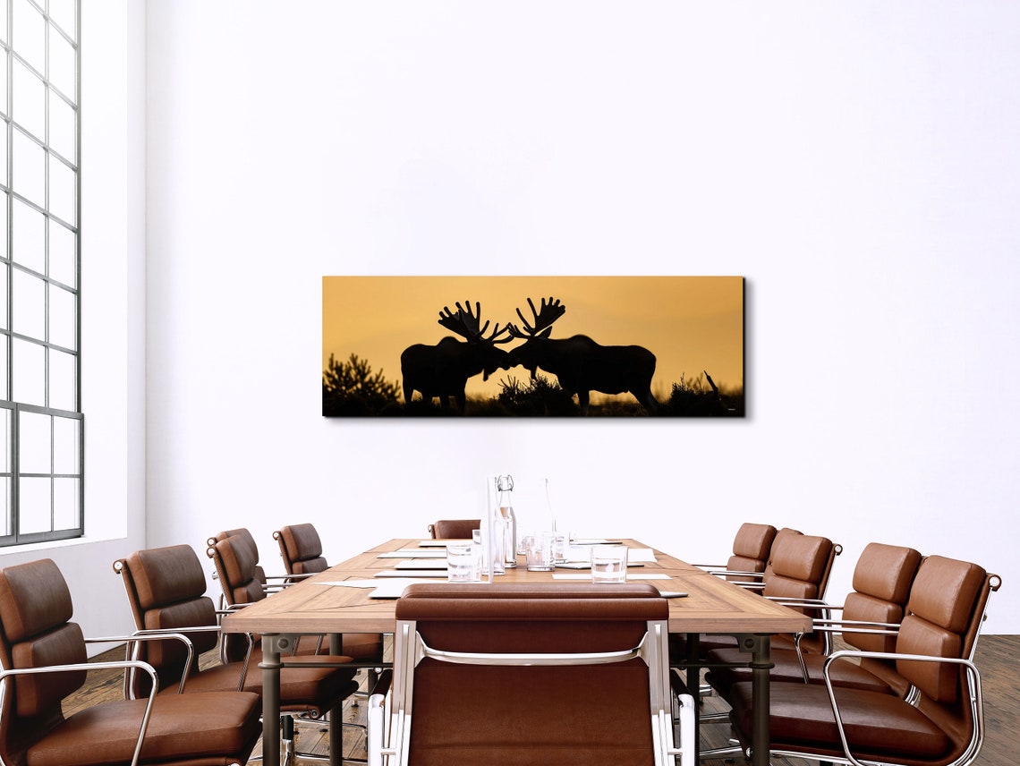 Two Moose Silhouettes at Golden Sunset Wilderness Panorama Wall Art - Image 5