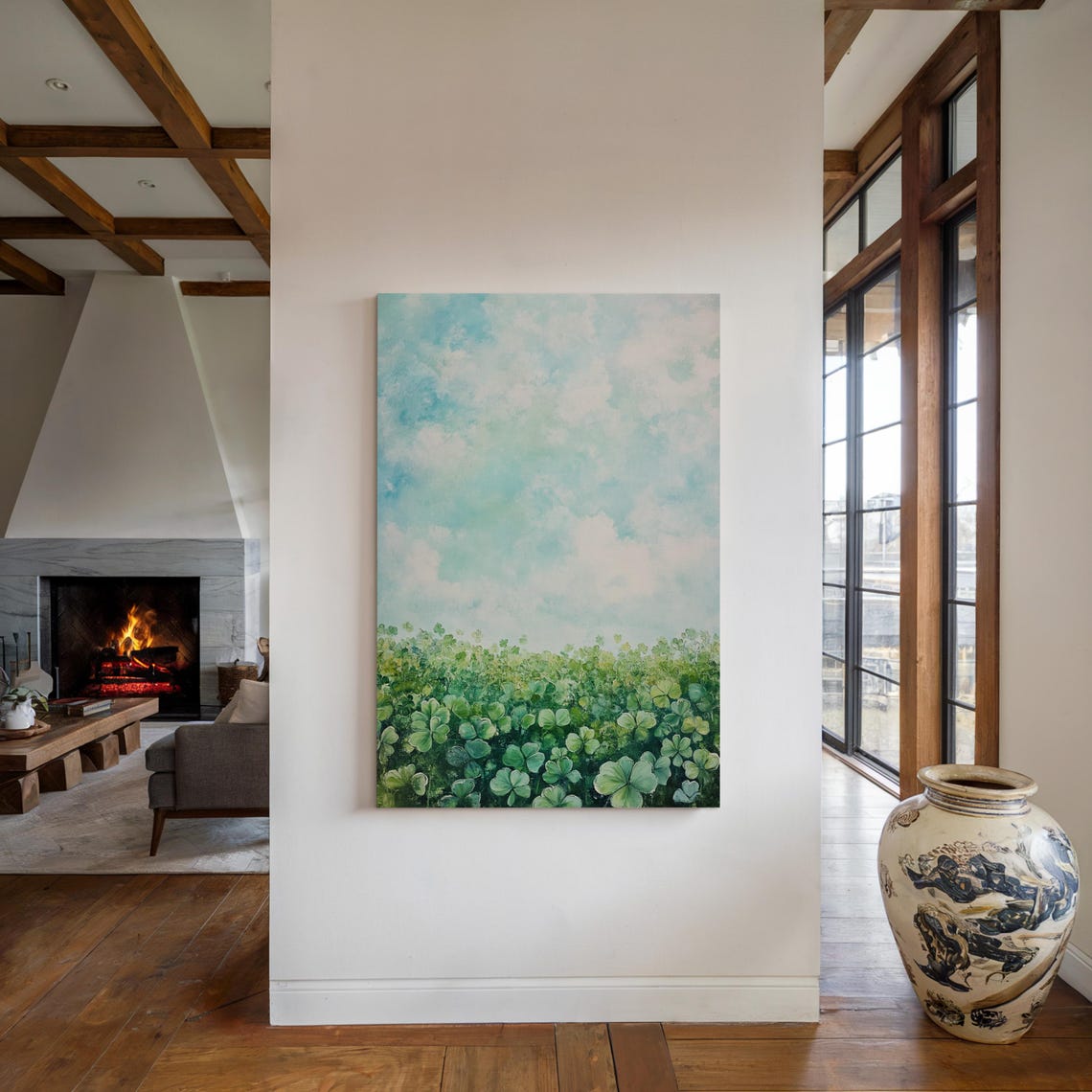 Lush Painted Meadow of Green Clover Under Soft Blue Sky Wall Art - Image 4