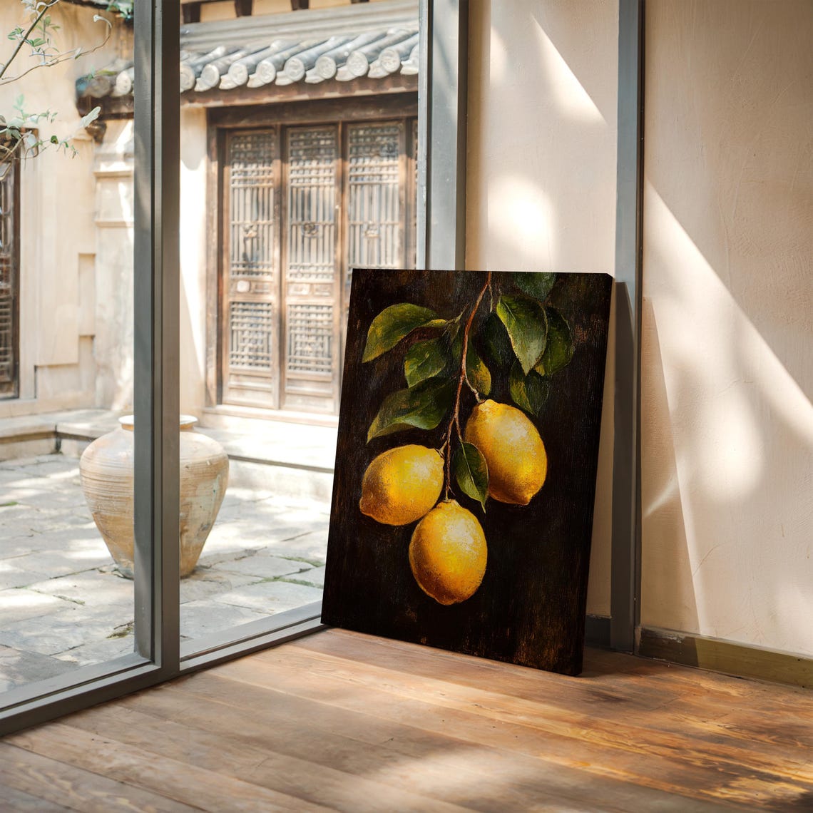 Three Bright Lemons Branch Dark Moody Still Life Oil Painting Poster - Image 5