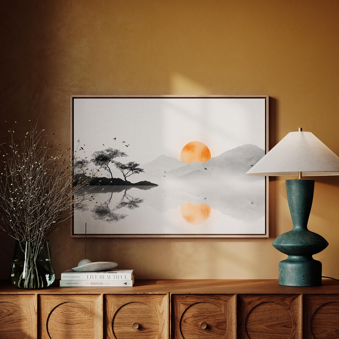 Japanese Ink Sun Misty Lake Mountains Minimal Landscape Poster