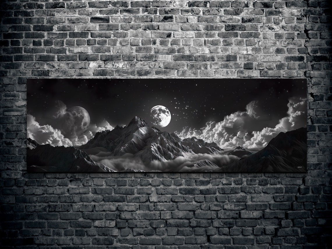 Black And White Mountains Above The Clouds Moonlit Night Poster - Image 2