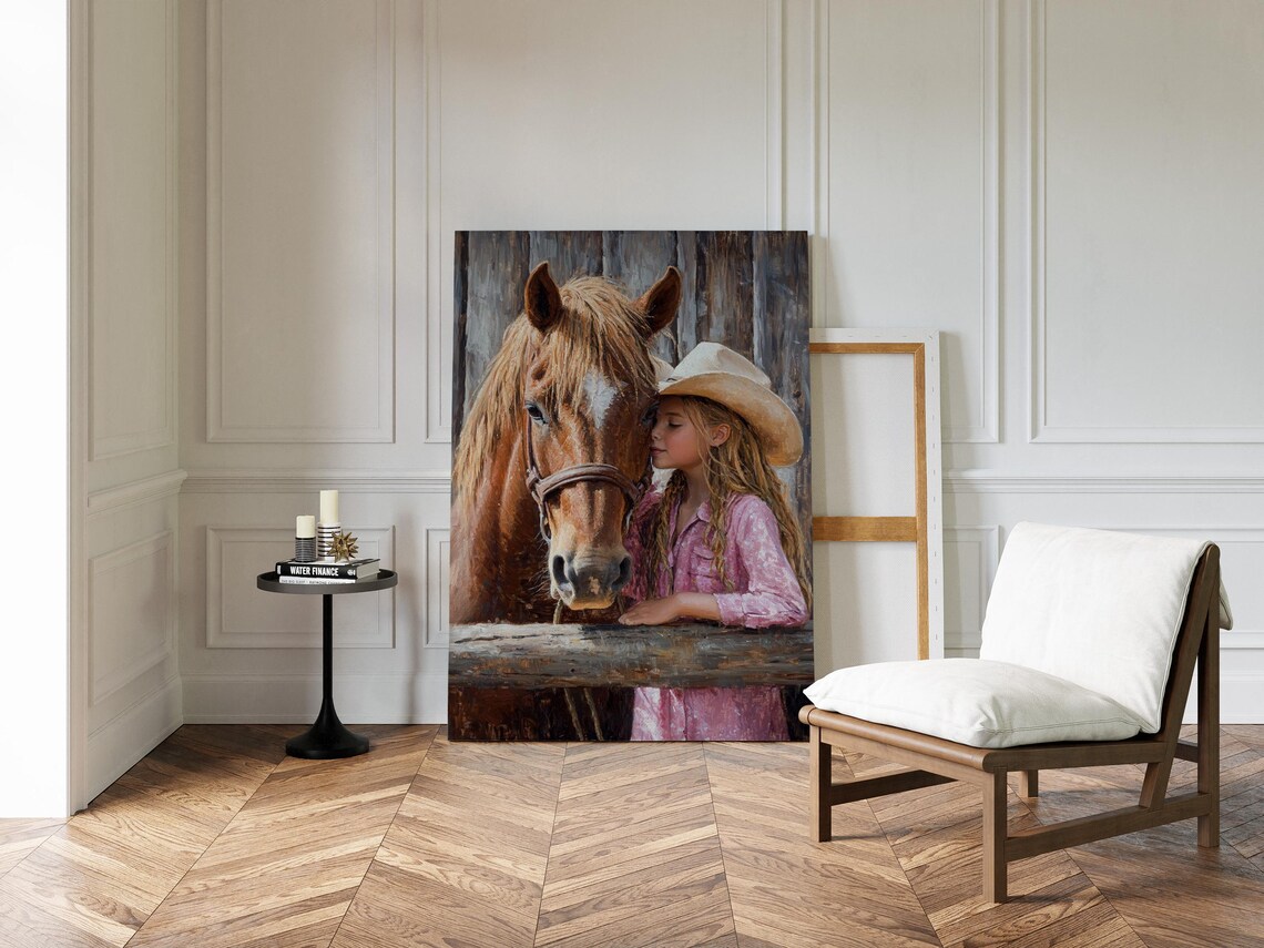 Sweet Young Cowgirl Kissing Her Chestnut Horse Over a Fence Wall Art - Image 2